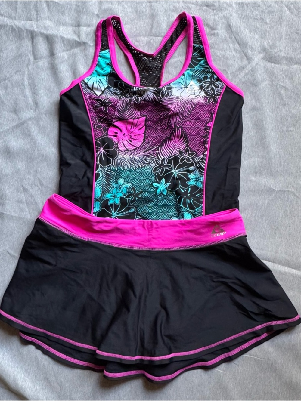 Girls Black & Hot Pink Floral Tank Two-Piece Swim Dress